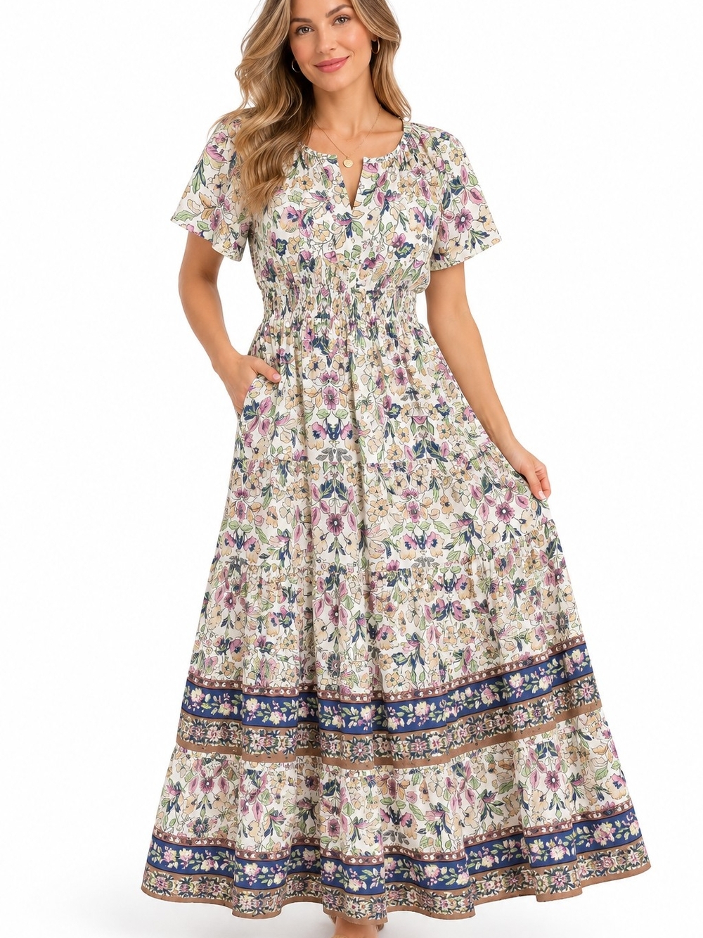 Cynthia Rowley Floral Smocked Waist Maxi Dress New Medium